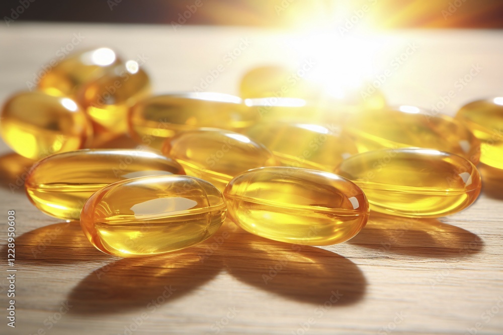 Orange Vitamin D capsule tablets in sun. KI generiert, generiert, AI generated Orange Vitamin D capsule tablets in sun. KI generiert, generiert, AI generated