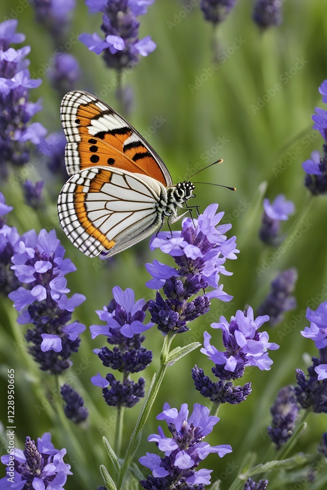 Butterfly resting on a blooming lavender plant, with its delicate wings fully spread and fine textures visible, AI generated Butterfly resting on a blooming lavender plant, with its delicate wings fully spread and fine textures visible, AI generated