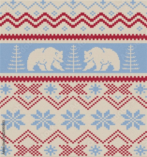Christmas knit prints. Seamless pattern. Red knitted borders. Sweater winter textures. Fair isle traditional backgrounds. Holiday ornaments.