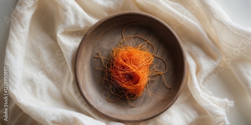 Saffron Threads on Wooden Plate - Top View photo