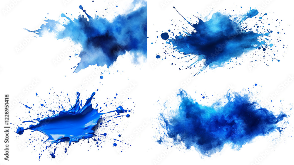 Obraz premium Abstract Blue Watercolor Splatters: An artistic collection of four isolated watercolor splatters, each with a unique shape and intensity of blue, adding a touch of vibrant energy to any design. 