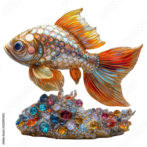 Shiny Gold Sculpture of a Kissing Fish with Colorful Details and Jewels on a Decorative Base photo