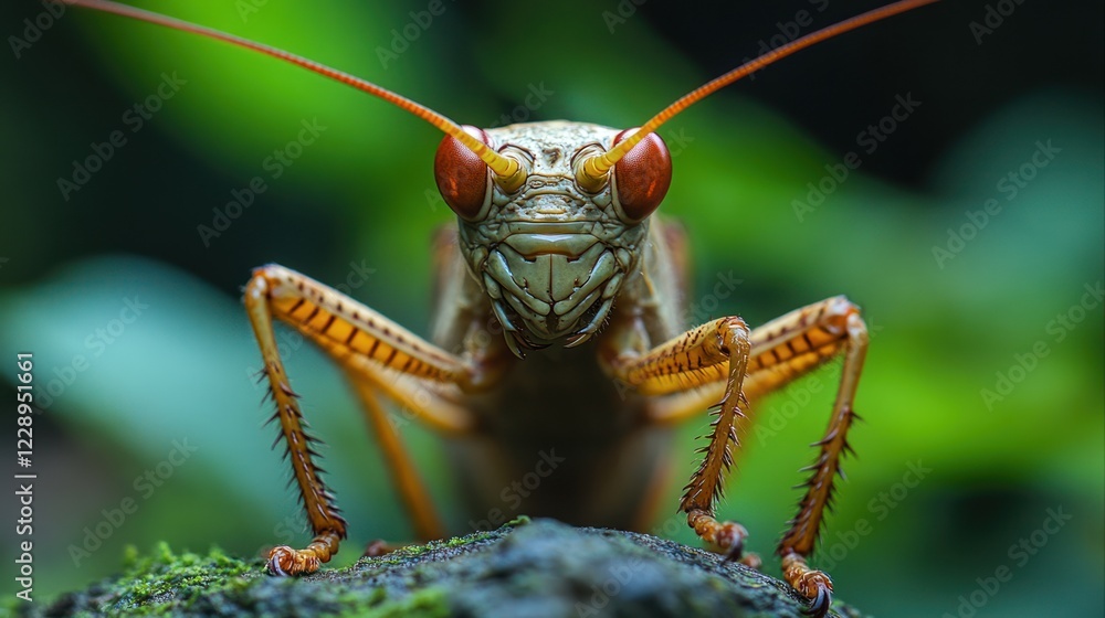 Close-up of a katydid with red eyes on a mossy surface. Close-up of a katydid with red eyes on a mossy surface.