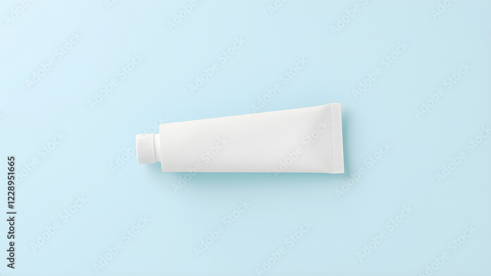 Blank white tube mock up of ointment on light blue background, top view. Space for text. Generative AI Blank white tube mock up of ointment on light blue background, top view. Space for text. Generative AI