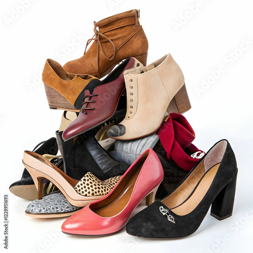 Pile of Various Female Shoes Isolated on White Background