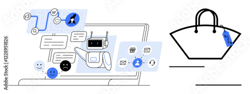 Digital chatbot interacting with a user on a laptop as various interface icons highlight communication channels, shopping, and customer service. Ideal for e-commerce, technology, AI, customer