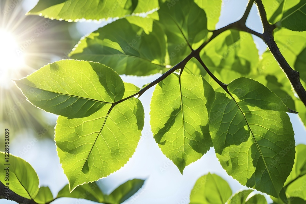 Freshly sprouted leaves on a tree branch, with sunlight streaming through, highlighting the vibrant green hues, AI generated Freshly sprouted leaves on a tree branch, with sunlight streaming through, highlighting the vibrant green hues, AI generated