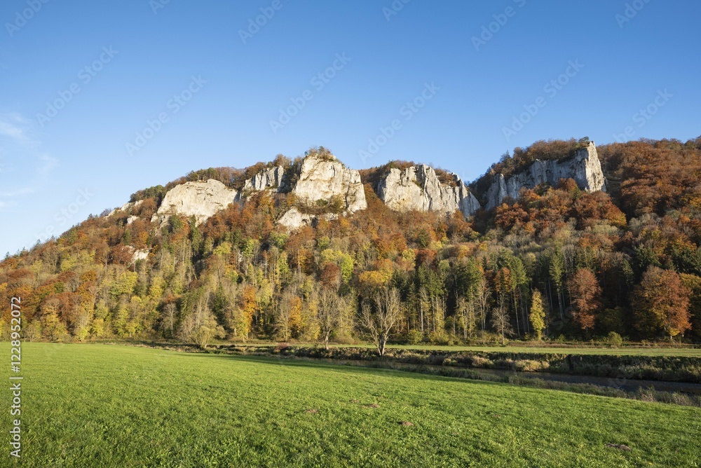 View to the Hausener Zinnen in the autumnal upper Danube valley, district Sigmaringen, Baden-Württemberg, Germany, Europe View to the Hausener Zinnen in the autumnal upper Danube valley, district Sigmaringen, Baden-Württemberg, Germany, Europe