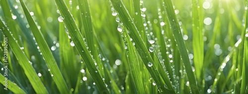 Panel kuchenny z motywem Fresh green grass blades with morning dew, capturing the sparkling droplets and soft sunlight, AI generated
