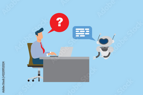 Corporate businessman and humanoid AI robot sitting at desk and working together