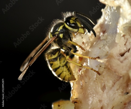 European wasp (Vespula germanica), sitting and feeding on fried bacon, Germany, Europe photo