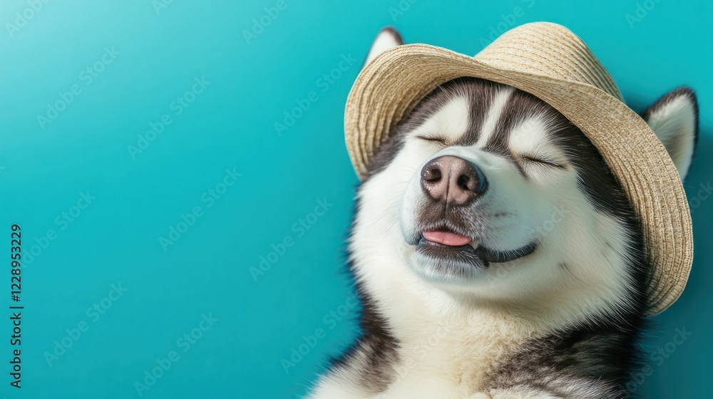 Happy husky dog wearing straw hat against blue background. Happy husky dog wearing straw hat against blue background.