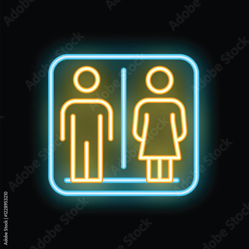 Glowing neon sign showing public restroom for men and women on black background
