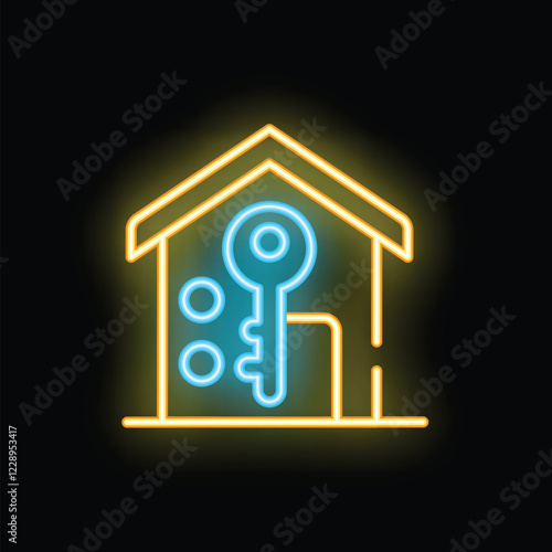 Glowing neon icon featuring a house with a key, symbolizing home security, ownership, and real estate concepts