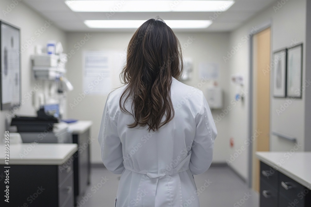 Back view of female doctor wearing lab coat in clinic. Generative Ai, AI generated Back view of female doctor wearing lab coat in clinic. Generative Ai, AI generated