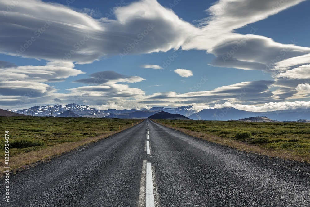Road 54 near Stykkisholmur, cloud formations, snow-capped mountains, Snæfellsnes peninsula, Snaefellsnes, Iceland, Europe Road 54 near Stykkisholmur, cloud formations, snow-capped mountains, Snæfellsnes peninsula, Snaefellsnes, Iceland, Europe