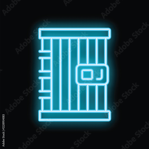 Glowing blue neon icon of a prison cell, representing concepts of captivity and confinement