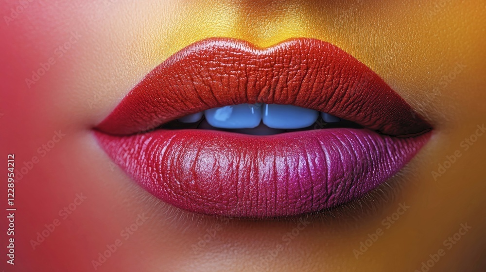 Close-up of lips with a gradient of red, pink, and yellow, giving a vibrant and artistic appearance, AI generated Close-up of lips with a gradient of red, pink, and yellow, giving a vibrant and artistic appearance, AI generated