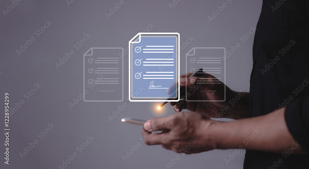 Young man with smartphone mobile hand using a pen touching to sign a Online Business Contract, Electronic signature, Contract signing, Digital documents, Future smart contract Young man with smartphone mobile hand using a pen touching to sign a Online Business Contract, Electronic signature, Contract signing, Digital documents, Future smart contract