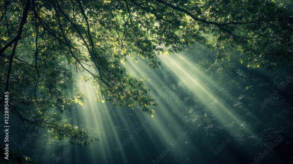 Obraz premium Sunbeams piercing through lush forest canopy.