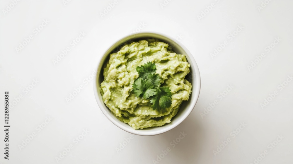 A minimalist bowl of fresh guacamole topped with a light sprinkle of cilantro, neatly placed in a simple white bowl, Guacamole bowl centered A minimalist bowl of fresh guacamole topped with a light sprinkle of cilantro, neatly placed in a simple white bowl, Guacamole bowl centered