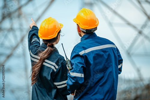 Workers examine and discuss power lines while wearing safety gear at an electrical substation during the day