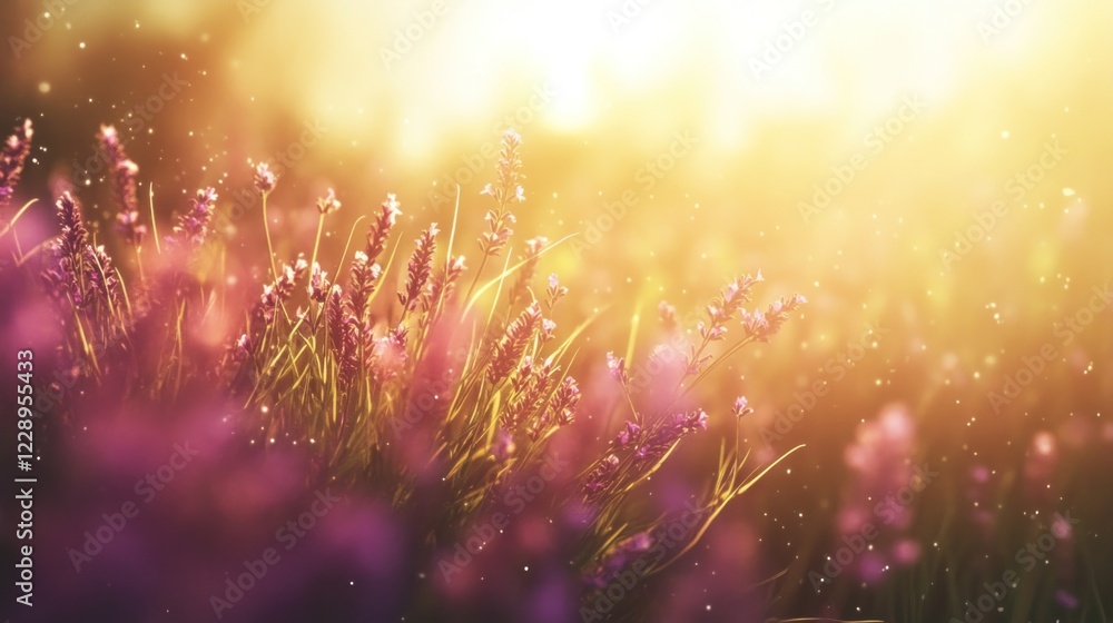 Obraz premium Vibrant lavender field bathed in warm sunset light.