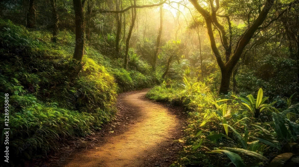 Fototapeta premium Sunlit path winding through lush green forest.
