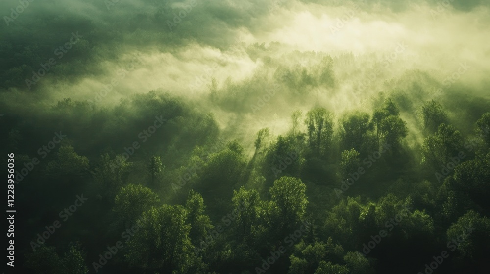 Fototapeta premium Misty forest landscape from above, showing lush green trees shrouded in fog.