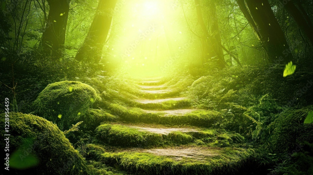 Fototapeta premium Sunlit path through mossy forest, leading to bright light.