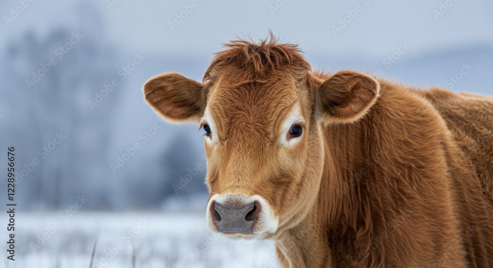 Young brown cow in snowy pasture during winter close-up Young brown cow in snowy pasture during winter close-up