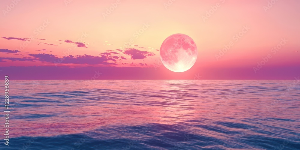 Large pink moon is in the sky above the ocean Large pink moon is in the sky above the ocean