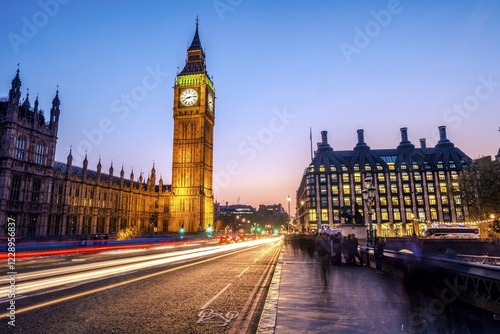 Light trails in front of Big Ben, dusk, evening light, sunset, Houses of Parliament, Westminster Bridge, City of Westminster, London, London region, England, United Kingdom, Europe