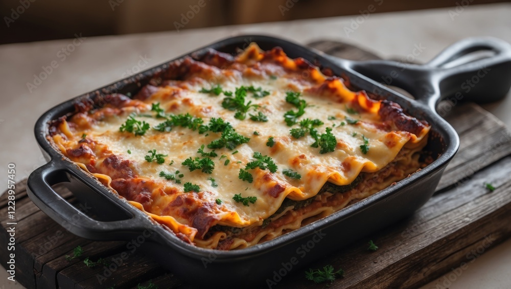 Delicious Lasagna with Melted Cheese and Parsley in a Black Dish on a Wooden Board. Delicious Lasagna with Melted Cheese and Parsley in a Black Dish on a Wooden Board.