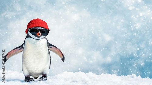 Cool penguin wearing sunglasses and red beanie in snowy winter wonderland.