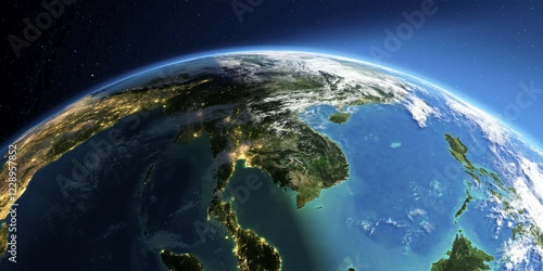 Highly detailed Earth with atmosphere, exaggerated relief and light-flooded cities. Transition from night to day. Asia. Indochina peninsula. 3D rendering. Elements of this image furnished by NASA
