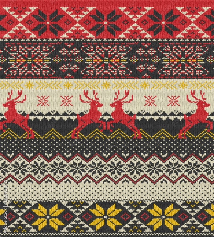 Christmas knit prints. Seamless pattern. Red knitted borders. Sweater winter textures. Fair isle traditional backgrounds. Holiday ornaments. Christmas knit prints. Seamless pattern. Red knitted borders. Sweater winter textures. Fair isle traditional backgrounds. Holiday ornaments.