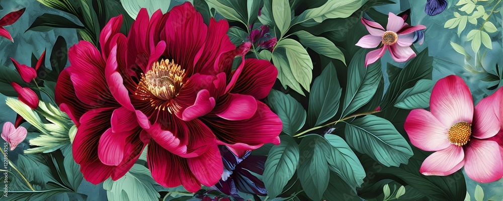 Illustration background of lush floral pattern with vivid flowers and leaves, AI generated Illustration background of lush floral pattern with vivid flowers and leaves, AI generated