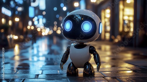 Wallpaper Mural A small robot stands on a wet city street at night, with neon lights reflecting off its body and a futuristic atmosphere, AI generated Torontodigital.ca