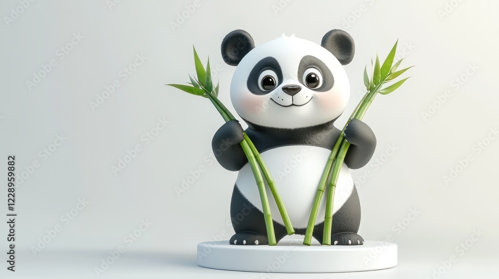 Adorable cartoon panda holding bamboo stalks on a white platform against a light grey background. Adorable cartoon panda holding bamboo stalks on a white platform against a light grey background.