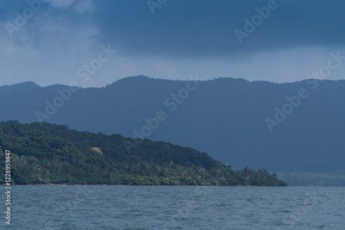 Tropical seas and ocean islands with tropical plants and trees