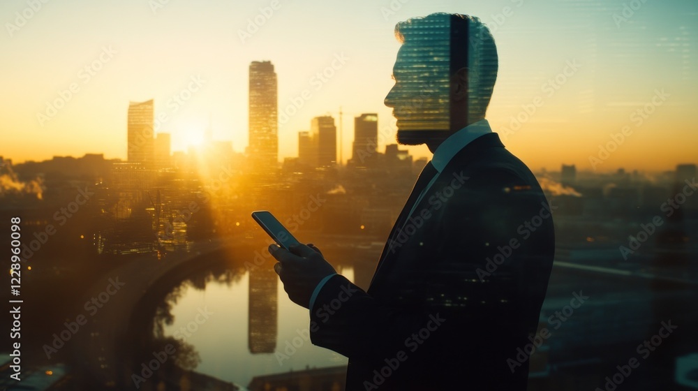 Fototapeta premium Silhouette of businessman using phone, cityscape sunrise double exposure.