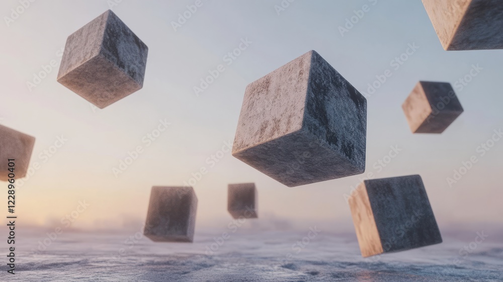 Surreal image of stone cubes floating in a misty landscape at sunrise, creating a dreamlike and abstract atmosphere. Surreal image of stone cubes floating in a misty landscape at sunrise, creating a dreamlike and abstract atmosphere.
