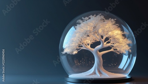 Futuristic glowing tree encased in glass dome photo