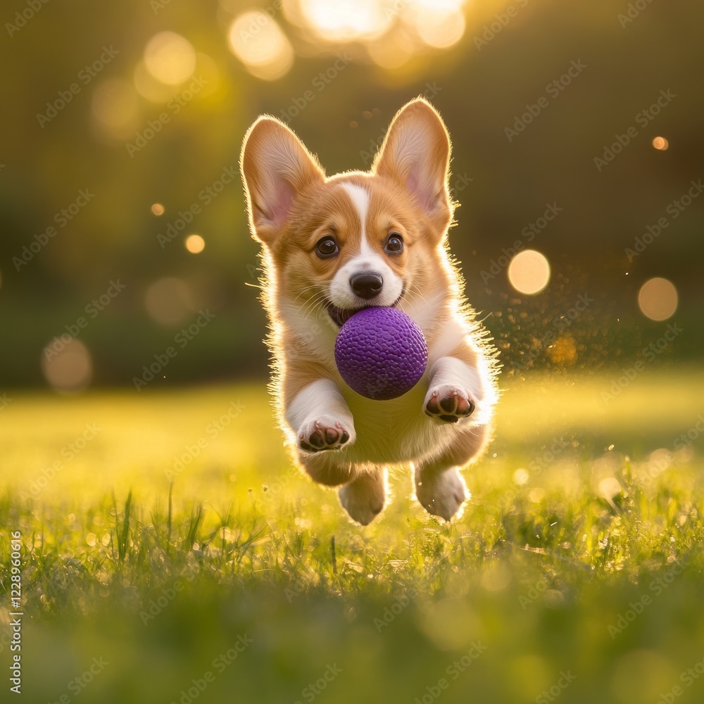 Happy corgi puppy in mid-air, fetching a purple ball in a sunlit grassy field. Happy corgi puppy in mid-air, fetching a purple ball in a sunlit grassy field.
