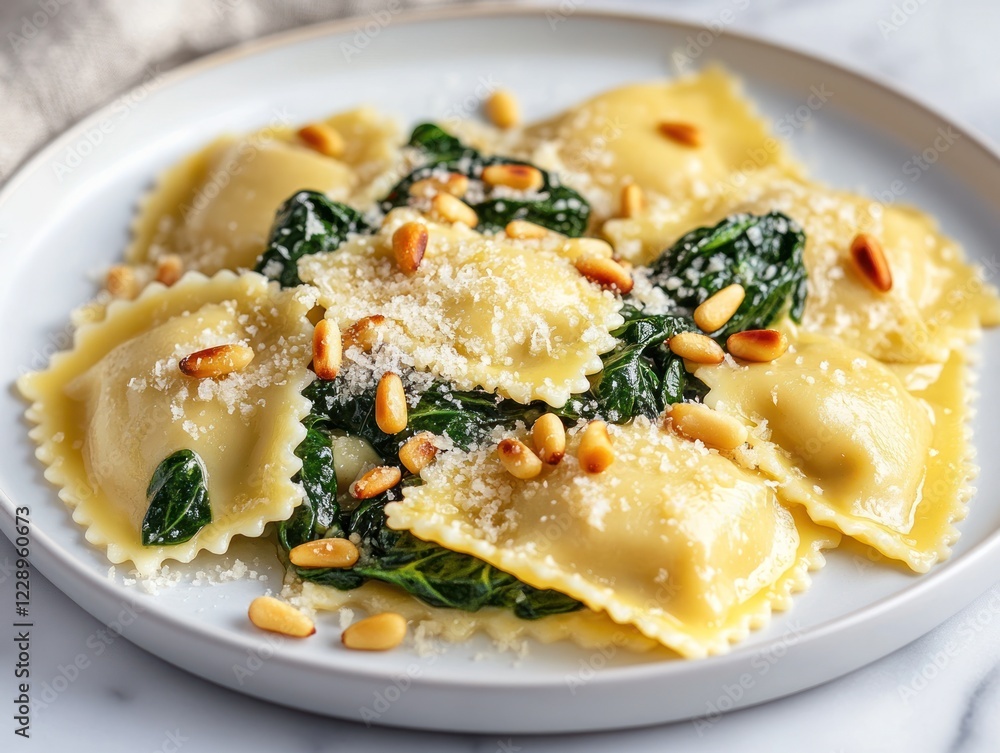 Delicious ravioli with spinach and pine nuts on a plate. Delicious ravioli with spinach and pine nuts on a plate.