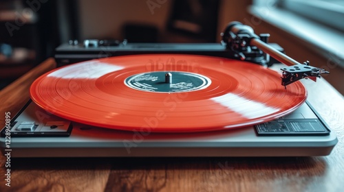 Red vinyl record spinning on turntable. photo