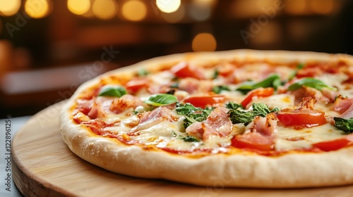 Wallpaper Mural Close-up of a freshly baked pizza topped with tomatoes, basil, and ham, served on a wooden board. Italian cuisine and comfort food. Torontodigital.ca