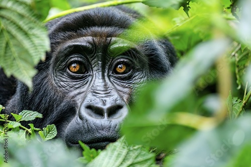 Portrait of a gorilla looking calmly into the camera through the foliage of the rainforest, AI generated, AI generated photo