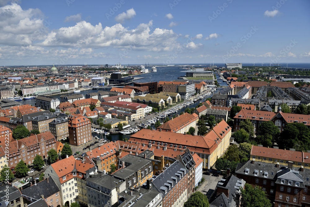 Fototapeta premium View from the tower of the Lutheran Church of the Redeemer, Church of Our Saviour, Copenhagen, historic centre and harbor, Copenhagen, Denmark, Europe